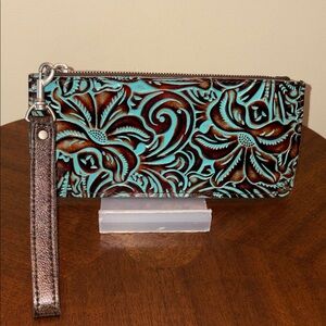 Patricia Nash  Wristlet  wallet, tooled leather aqua/ brown  floral pattern NWOT